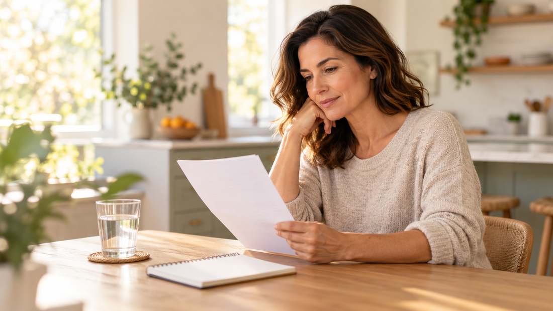 Woman calmly reviewing a laboratory results page at a sunlit kitchen table.