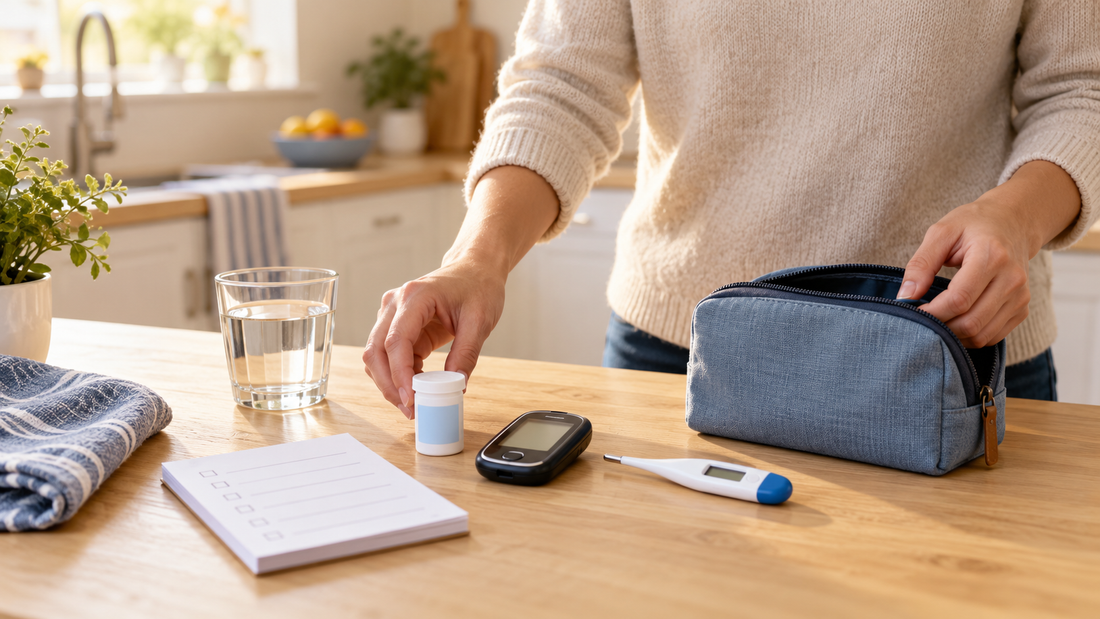 Adult calmly preparing a diabetes sick-day kit with a glucose meter, thermometer, water, checklist, and ketone strips on a sunlit kitchen table.