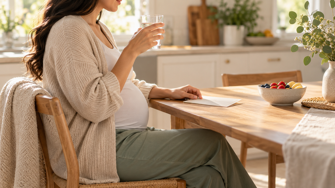Pregnant woman calmly preparing for a gestational diabetes screening appointment at home.