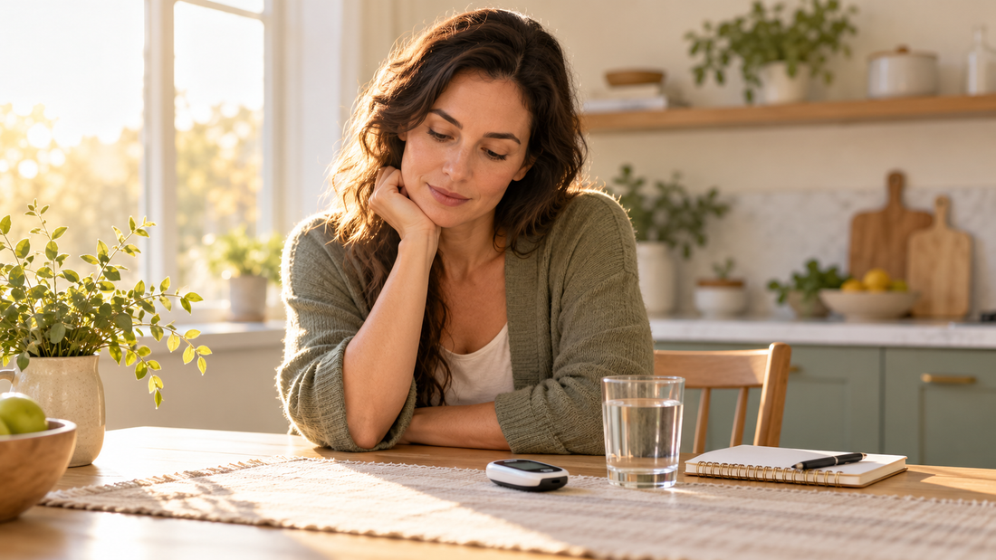 Adult checking an unbranded glucose meter at a sunlit kitchen table in the morning