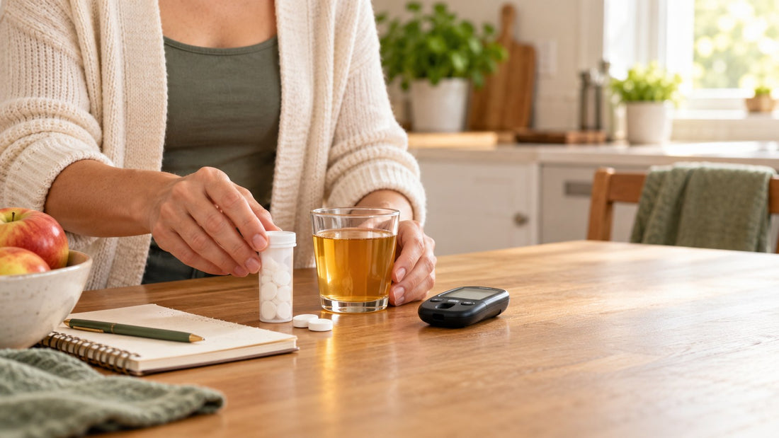Adult calmly preparing glucose tablets, juice, and a blood glucose meter on a sunlit kitchen table.