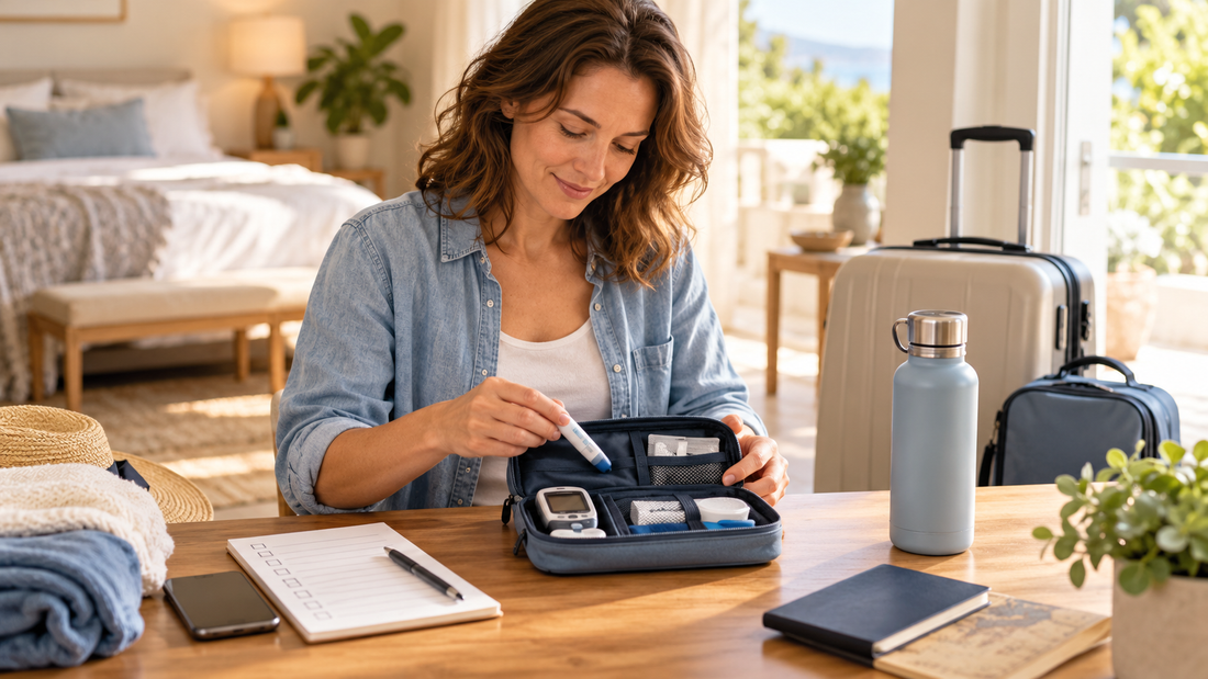 Traveler organizing an unbranded diabetes supply pouch beside a suitcase before a trip
